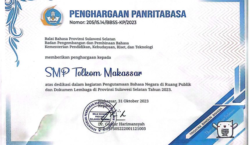 SMP Telkom Makassar mendapatkan penghargaan PANRITABASA dari Balai Bahasa Provinsi Sulawesi Selatan.